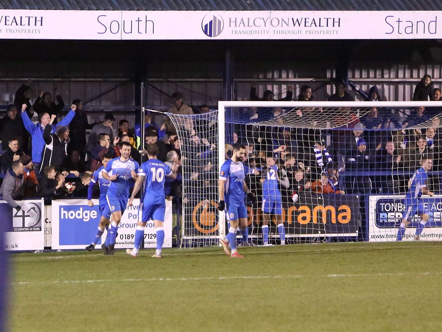 Julilant scenes at Longmead after Ibrahim Olutade (No.12) scores Tonbridge's FA Trophy winner against Torquay Picture: Dave Couldridge