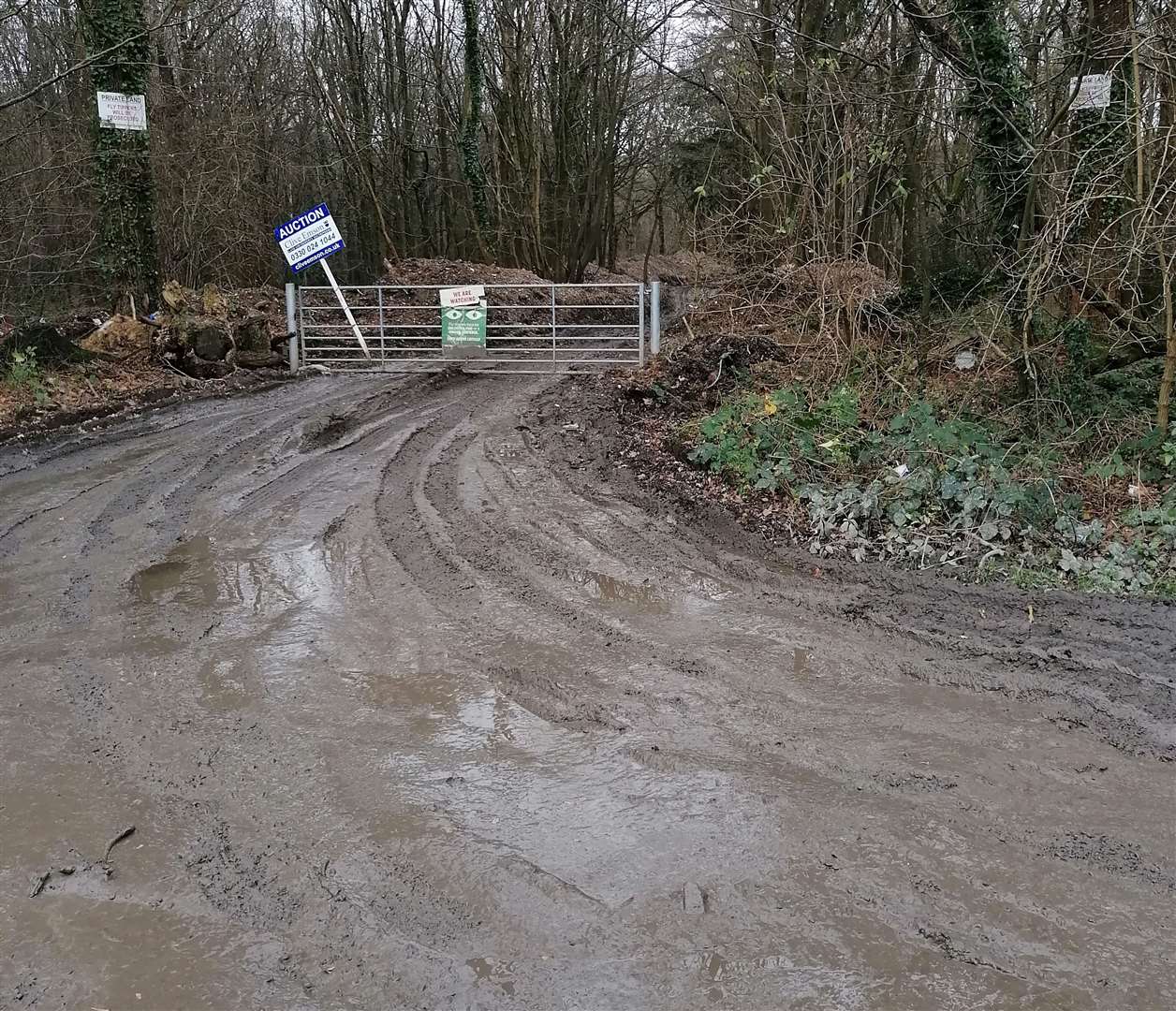 Entrance to the land in Hoad’s Wood, near Ashford, with a sign on the gate warning fly-tippers