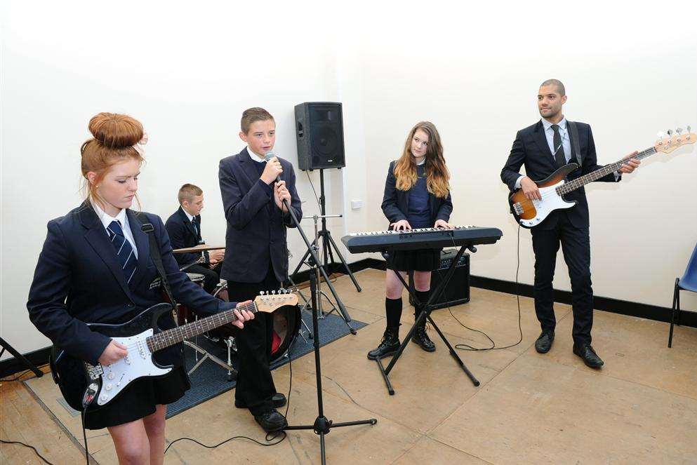 Jake Blair (right) with pupils, Amber Youens, Liam Law, Tom Manning, Tara Douglas, all 13-years-old