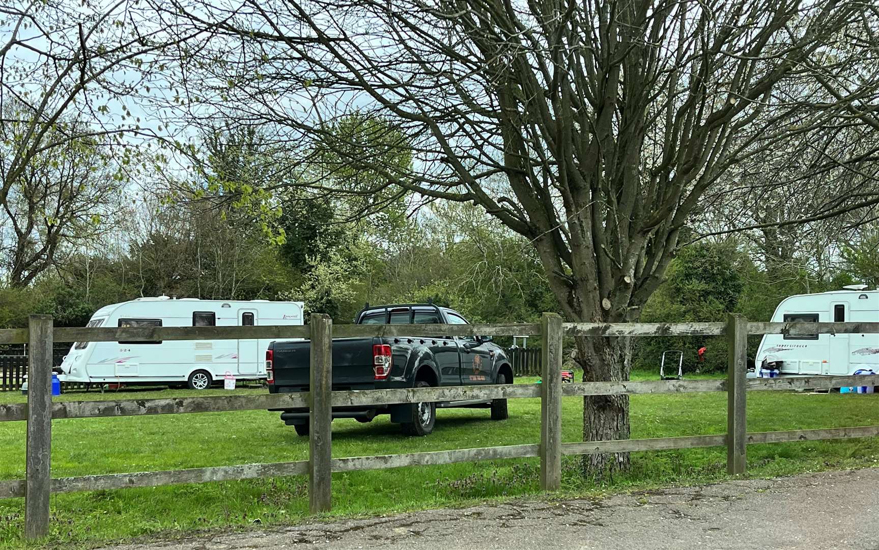 Caravans have set up camp in a park on Woodlands Avenue in Hartley, Longfield