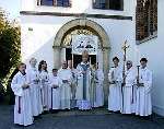 Abbot Paulinus Greenwood, Dean James Burleigh and servers before mass at Birchington's Catholic church, Our Lady and Saint Benedict.