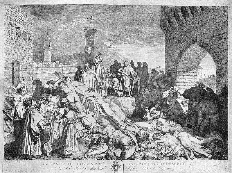 Luigi Sabatelli's 19th-Century etching depicts the plague of Florence in 1348