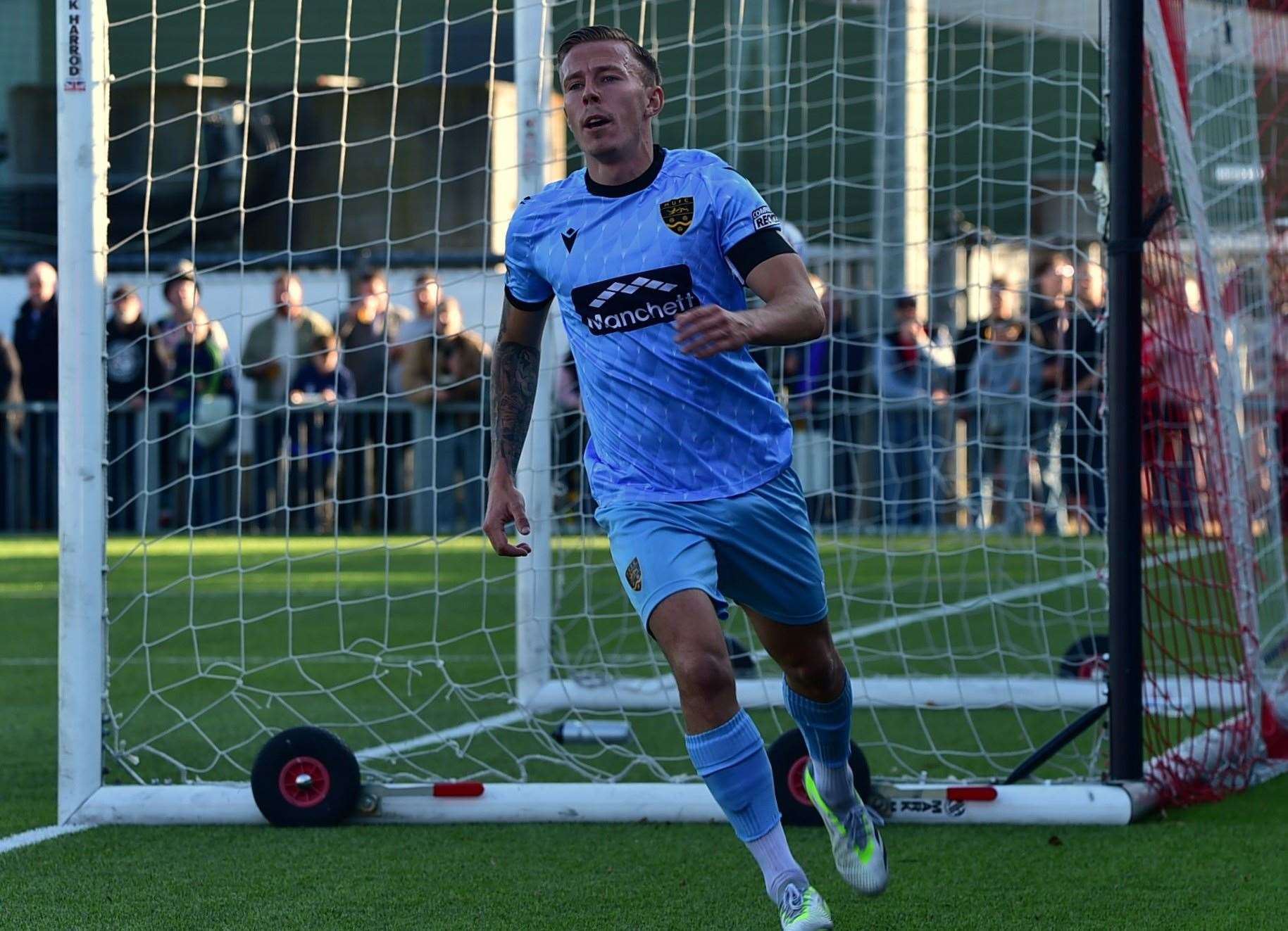 Sam Corne celebrates after scoring Maidstone's second goal at Worthing. Picture: Steve Terrell