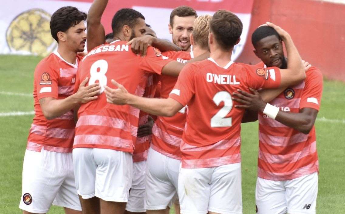 Ebbsfleet celebrate Dominic Poleon's first-half goal against Dover. Picture: Ed Miller/EUFC