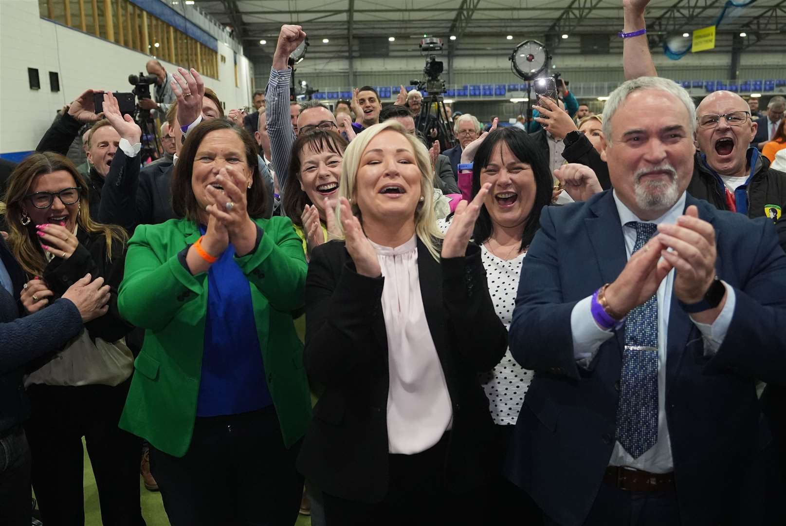 Sinn Fein’s Mary Lou McDonald and Michelle O’Neill celebrate the election of Pat Cullen in Fermanagh South Tyrone at Meadowbank Sports Arena, Magherafelt (Niall Carson/PA)