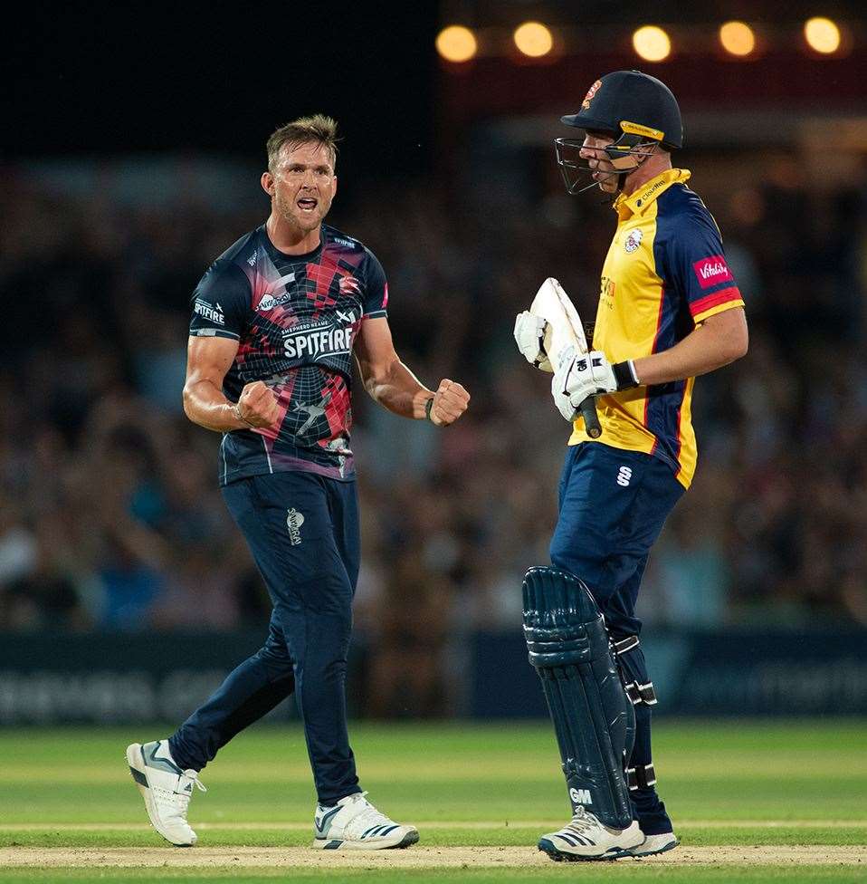 Hardus Viljoen celebrates a wicket for Kent against Essex. Picture: Ady Kerry (14345708)