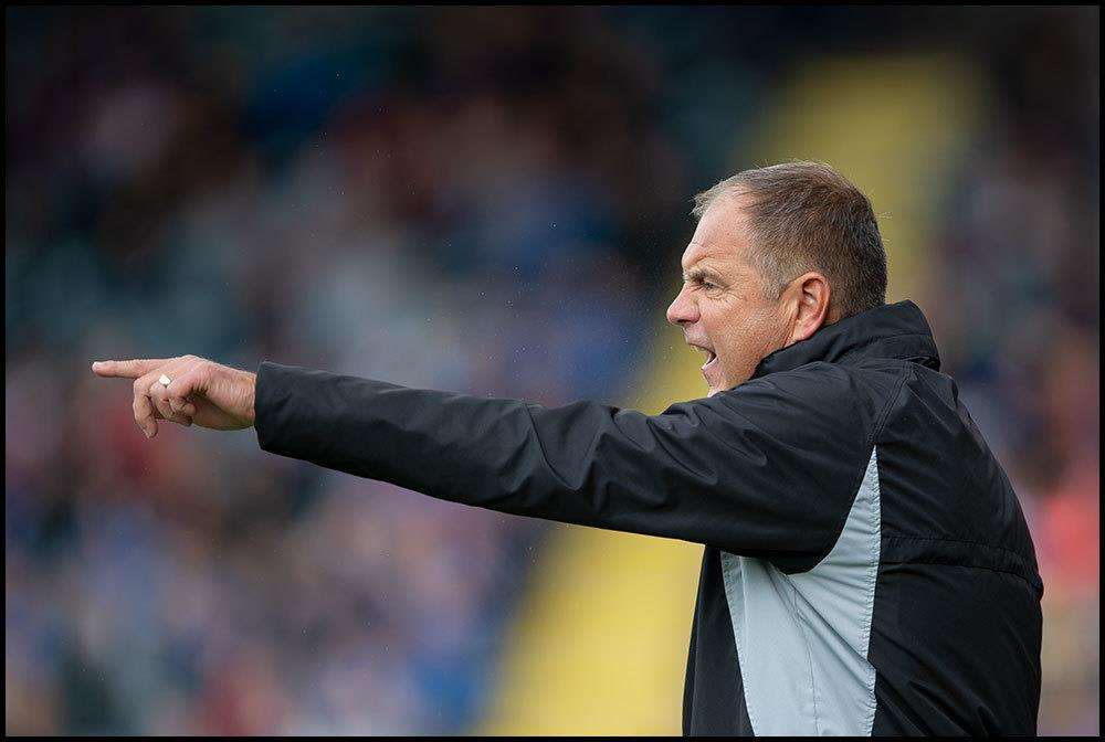 Steve Lovell dishing out instructions from the sideline Rochdale v Gillingham match action Picture: Ady Kerry (4187545)