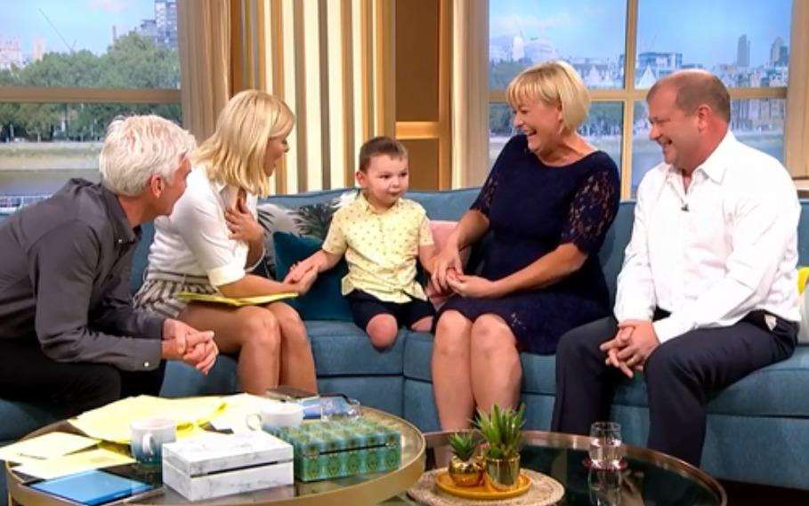 Mark and Paula Hudgell together with Tony, now three, and This Morning presenters Phillip Scofield and Holly Willoughby (2435603)