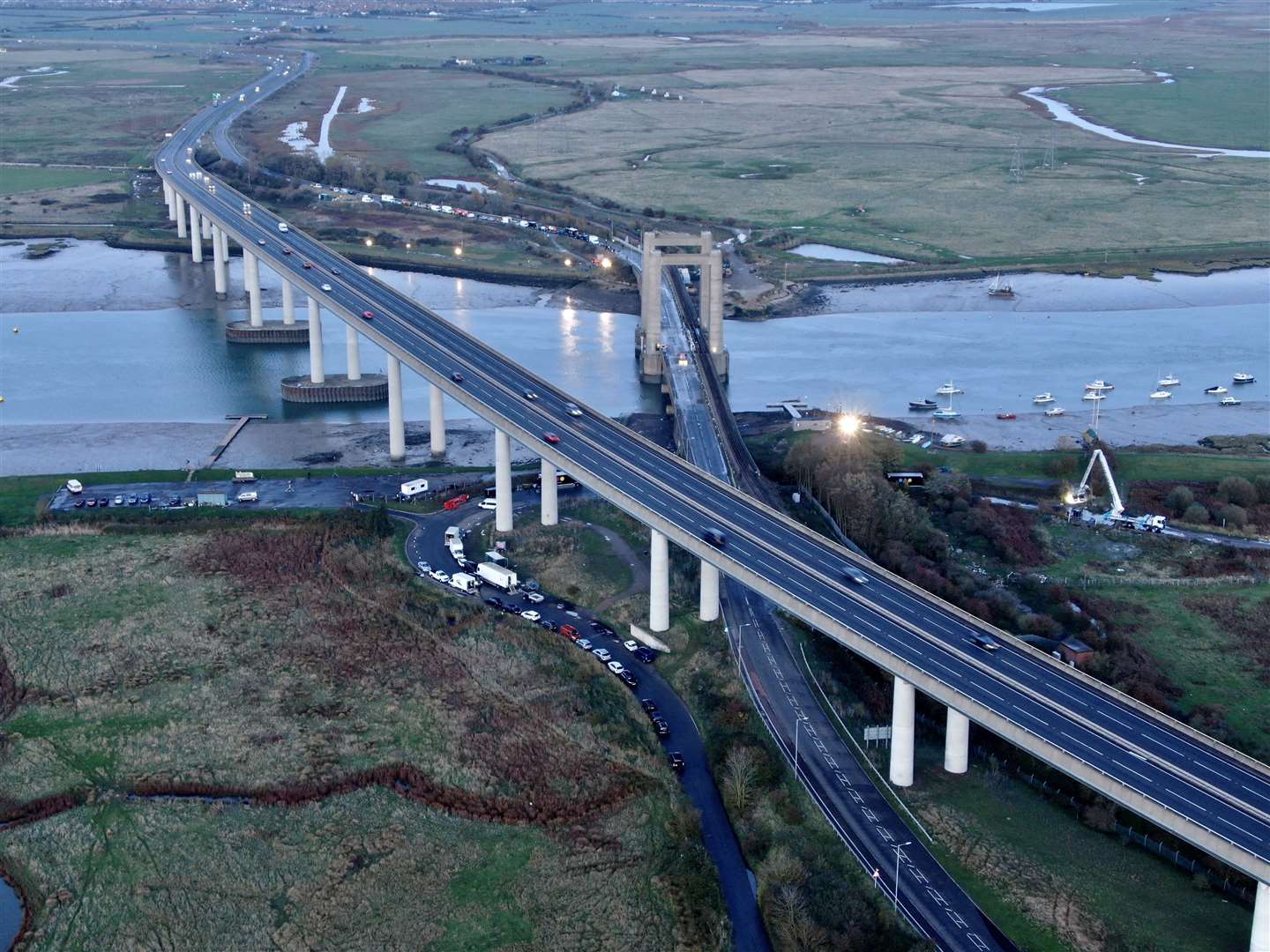 Kingsferry Bridge was closed to traffic so Snowed In Productions could film scenes for a new ITV thriller called Too Close. Drone picture: Phil Drew