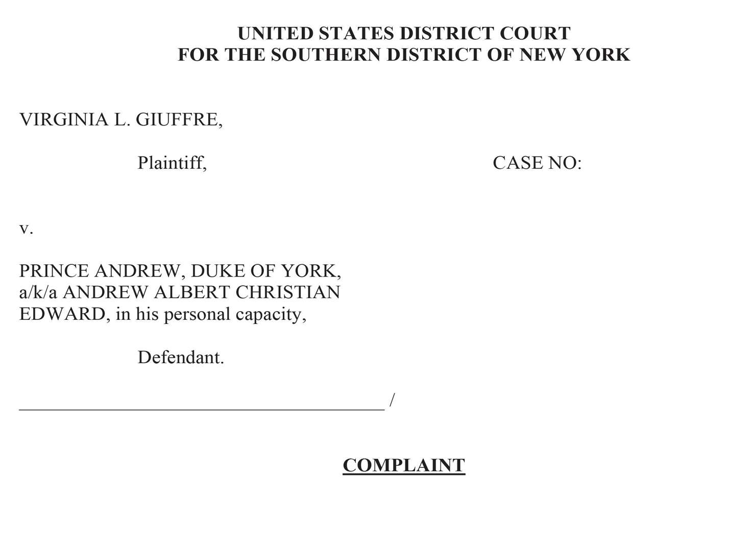 The cover of the legal action brought in the US by Jeffrey Epstein-accuser Virginia Giuffre against the Duke of York which says that it was “past the time for him to be held to account” for allegedly sexually assaulting her (PA Media)