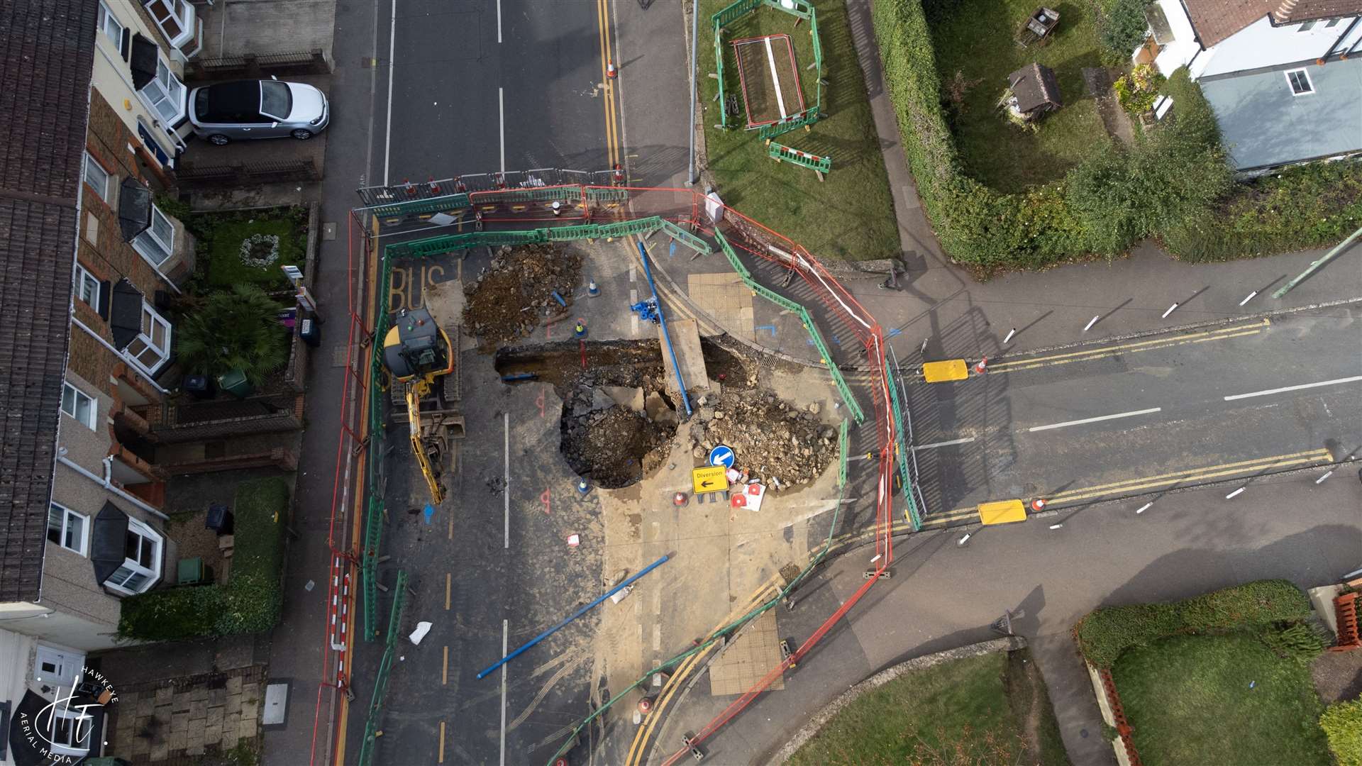 Aerial images have captured the scale of a large sinkhole on the A26 Tonbridge Road, Maidstone. Picture: Hawkeye Aerial Media