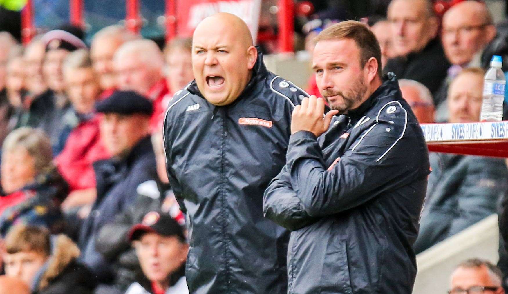 Ebbsfleet caretaker boss Kevin Watson, right, with Tristan Lewis on Saturday. Picture: Matthew Walker FM19173723