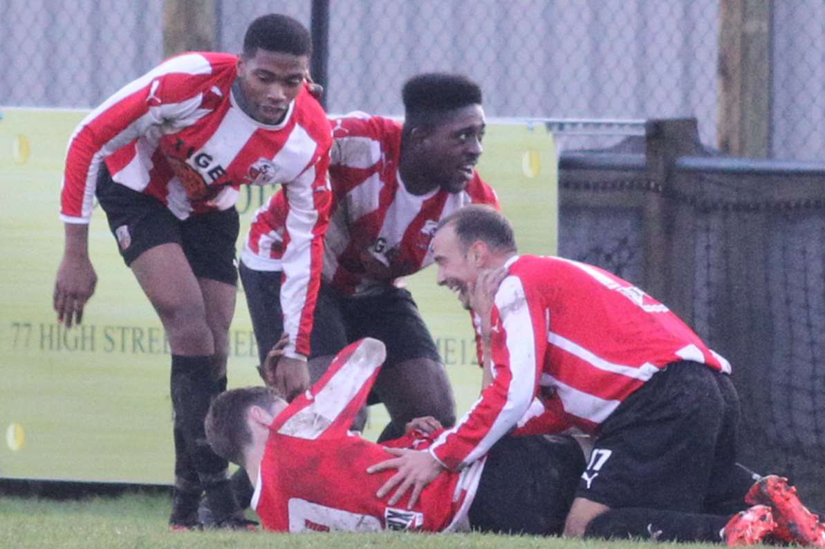 Sheppey celebrate during their 5-4 win over Glebe at the weekend. The club are also celebrating a new partnership with Premier League Crystal Palace Picture: John Westhrop