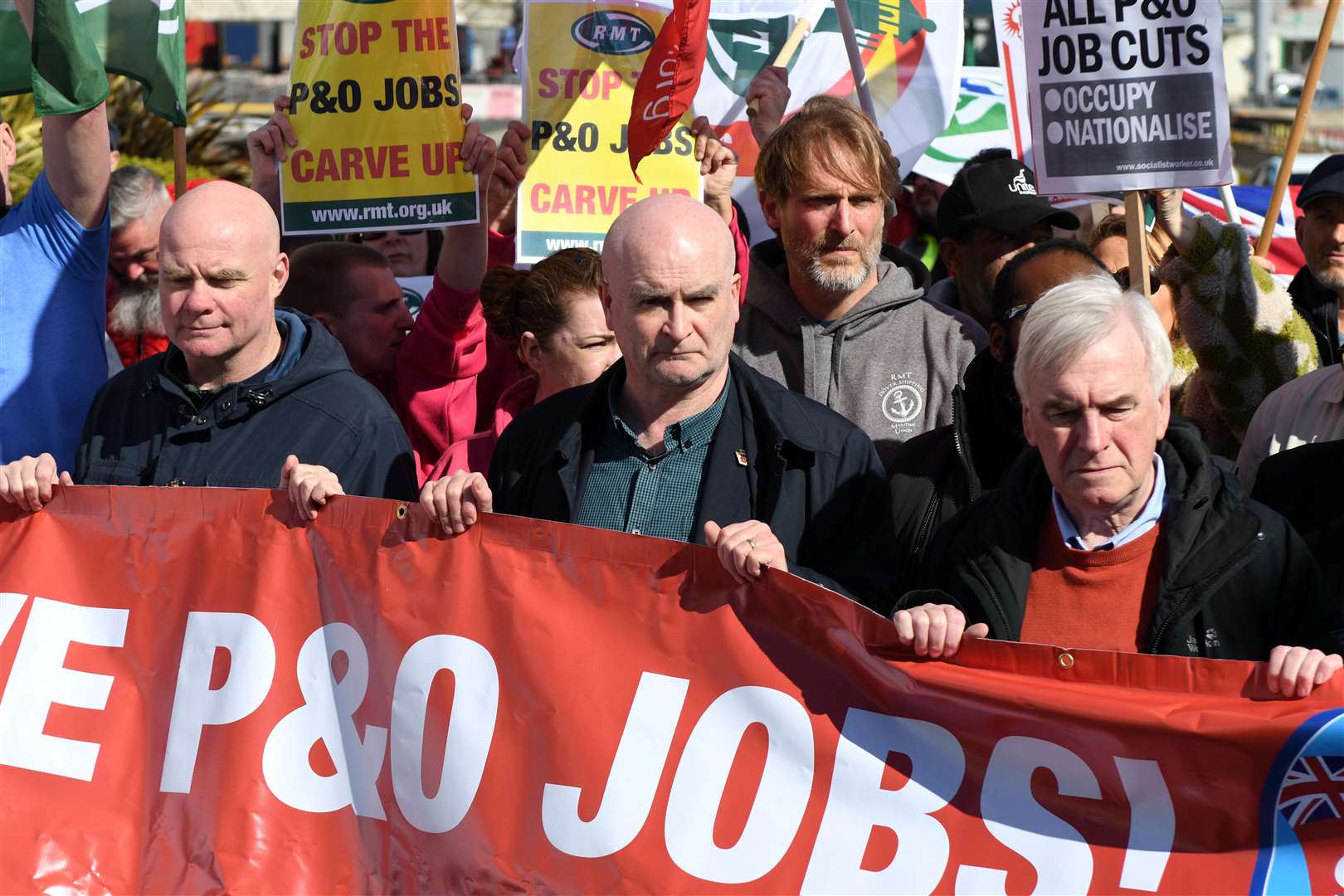 There were chants of "seize the ships" as the group marched down the A20 towards the port earlier, led by union bosses and Dover and Deal MP Natalie Elphicke..Also at the front was Secretary-General of the National Union of Rail, Maritime and Transport Workers Mick Lynch (centre)..Trade union members march in support of the 800 sacked P&O ferry workers, from Maritime House in Dover to the entrance to the Port of Dover..Picture: Barry Goodwin. (55546560)