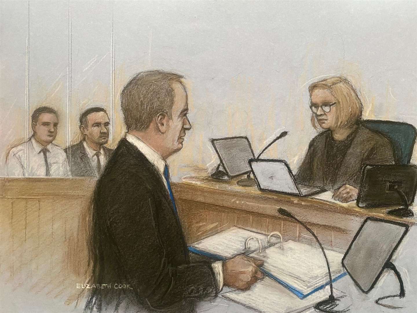 Court artist drawing of Ray Tully KC, watched by judge Mrs Justice May, not wearing their wigs or gowns, at Bristol Crown Court (Elizabeth Cook/PA)