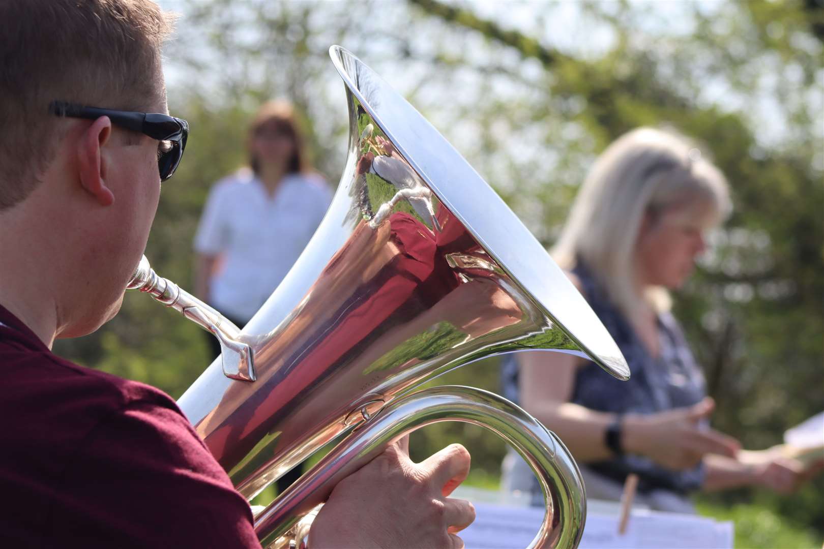 Part of the brass band at the Good Friday Easter service at Bunny Bank, Minster