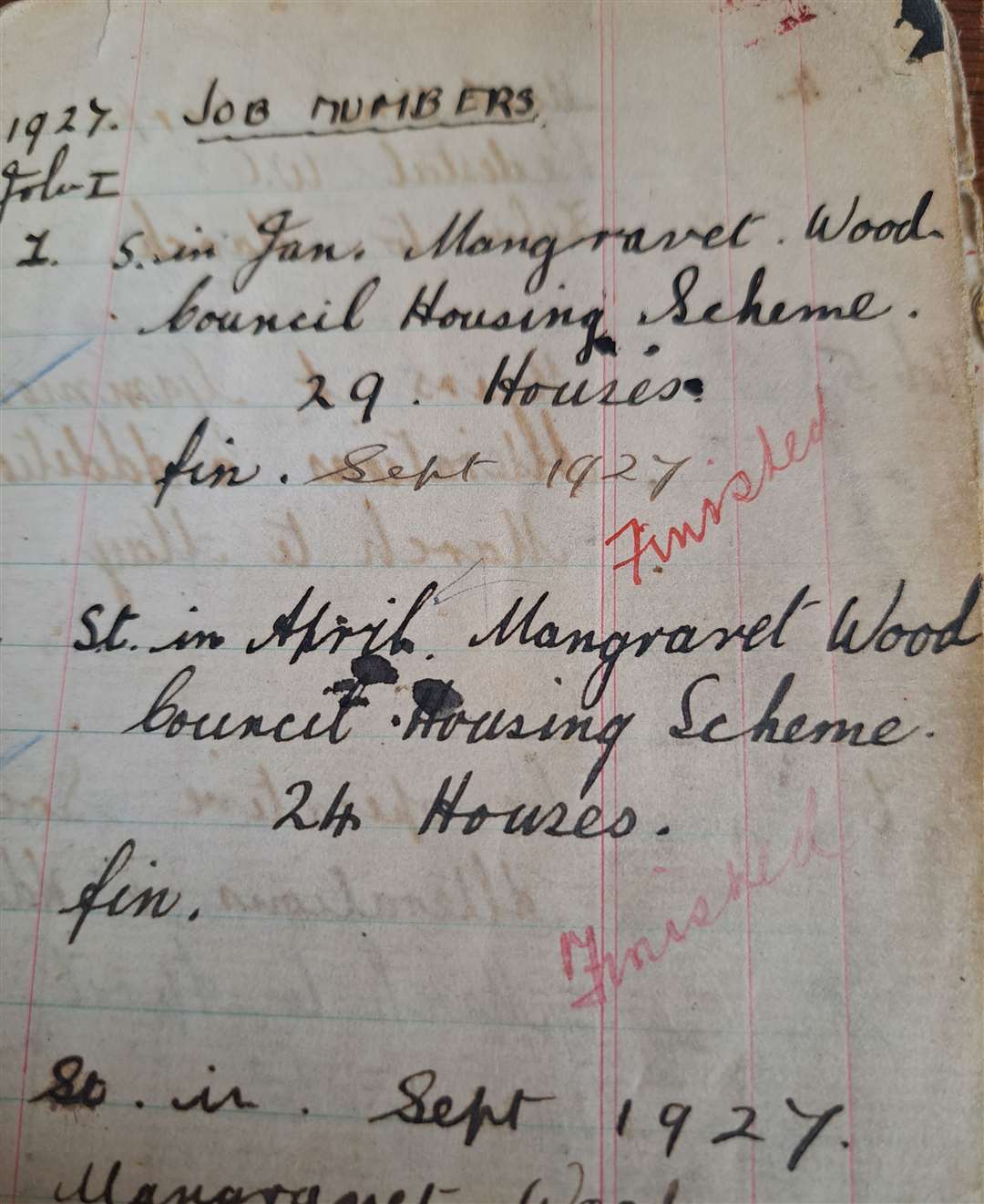 This 1927 job book for Goodsell and Son records the completion of houses at Mangravet Wood in Maidstone