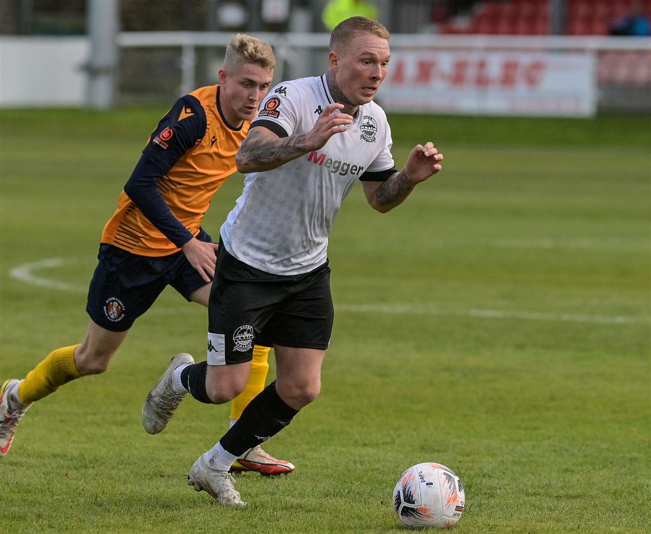 Dover defender Myles Judd on the ball. Picture: Stuart Brock