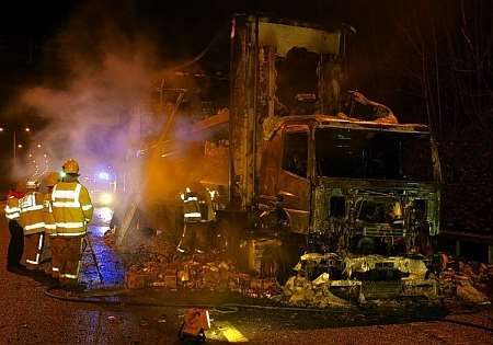 A lorry laden with packets of soup was destroyed by fire on the A20 Wrotham Hill on Tuesday night. Picture: Mike Mahoney