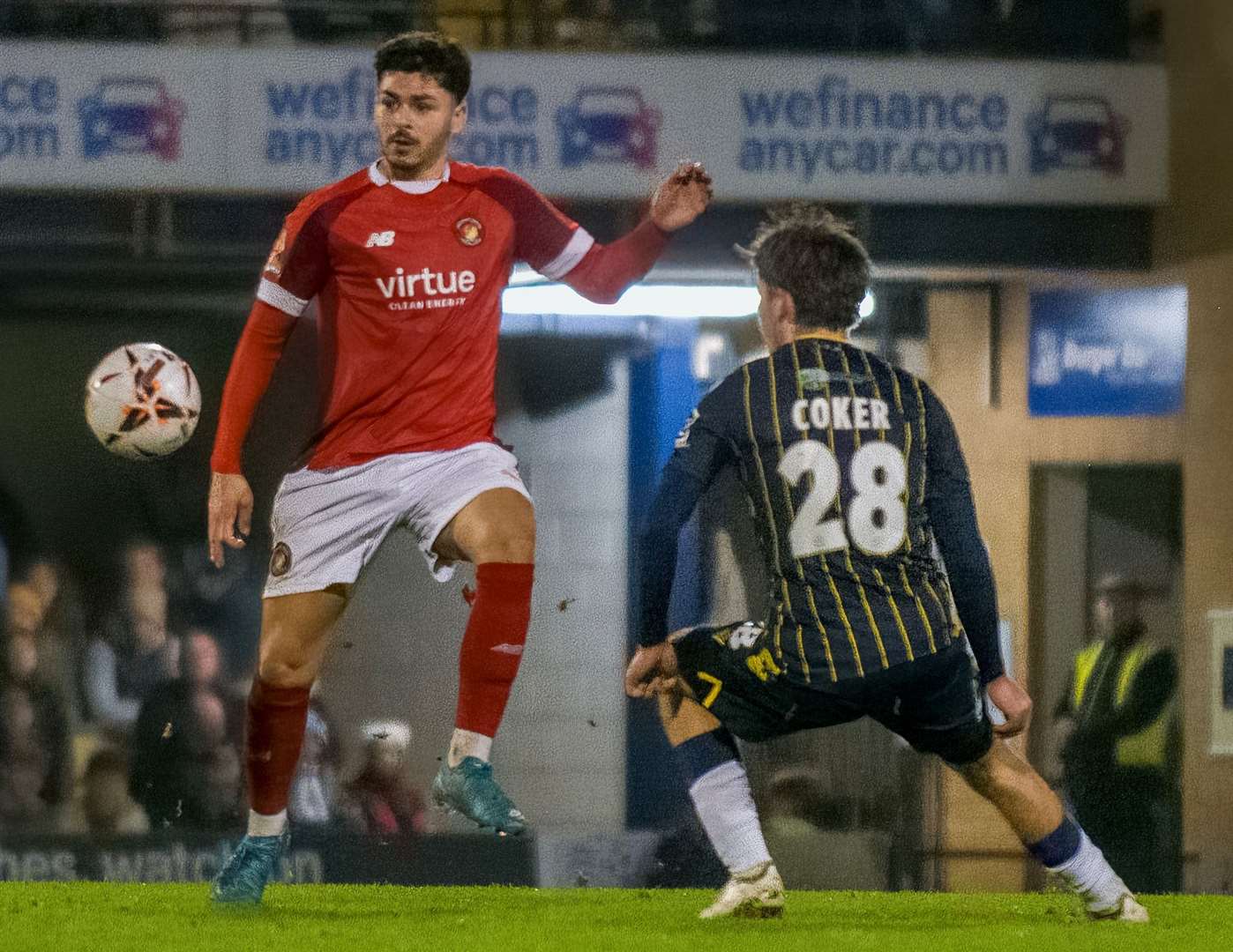 Toby Edser tries to take charge in midfield for Ebbsfleet at Southend. Picture: Ed Miller/EUFC