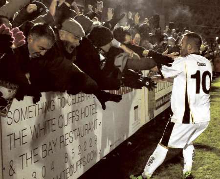 Adam Birchall celebrates his first goal against Aldershot with the Dover fans