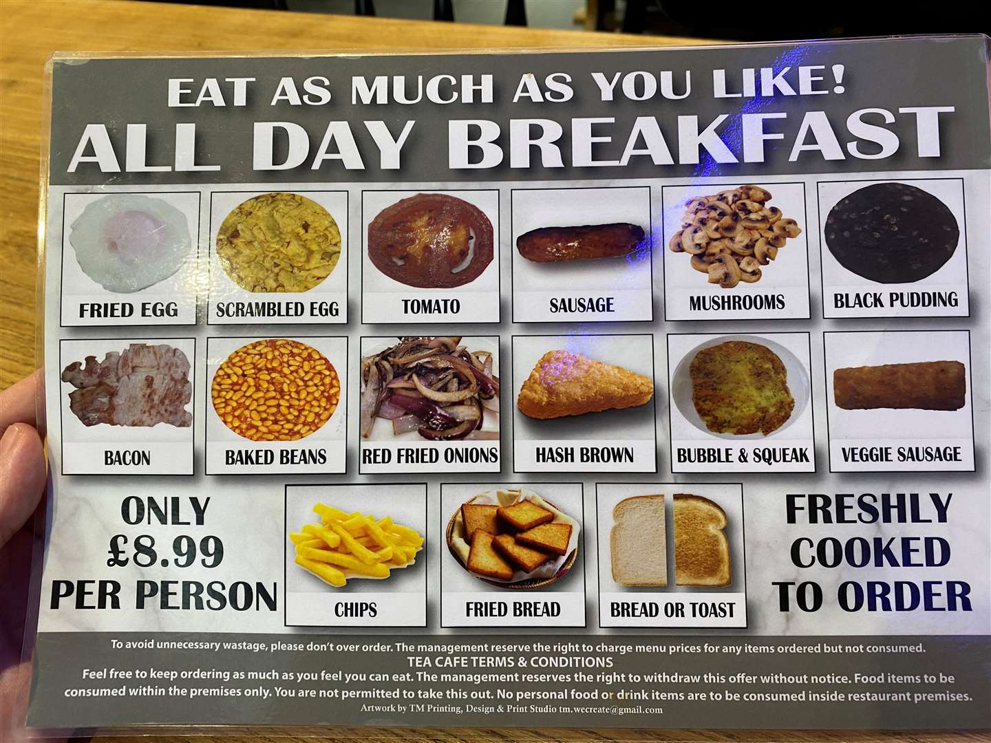 The menu for the £8.99 breakfast