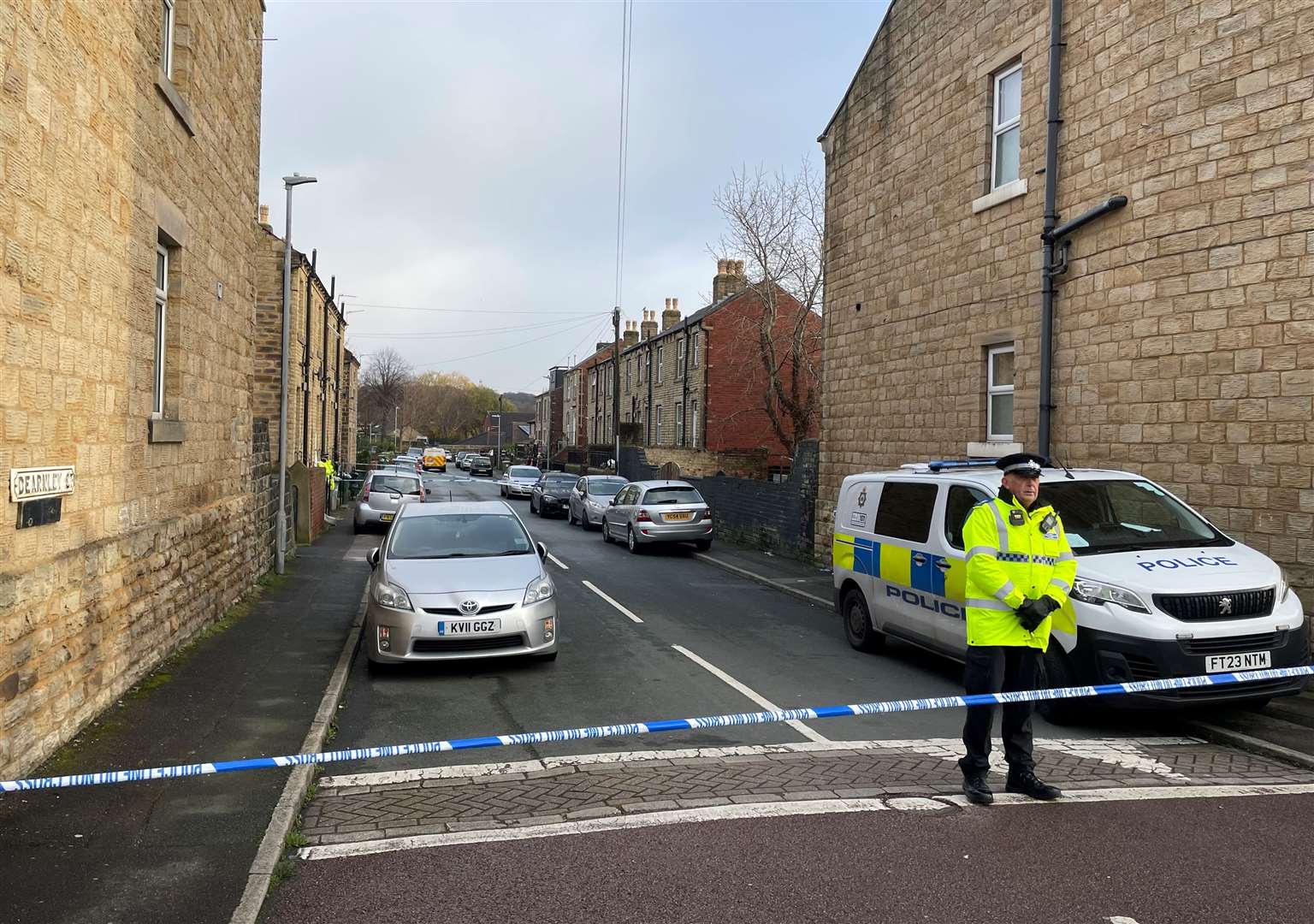 Police at the scene in Dewsbury following death of a woman in a ‘domestic-related incident’ (Dave Higgens/PA)