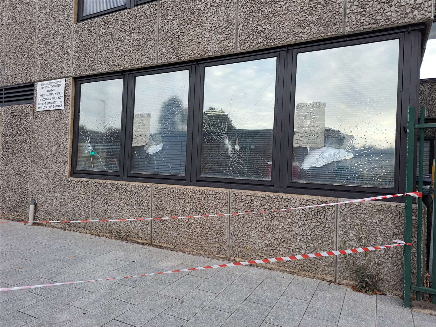 Smashed windows at The Woodville and Gravesham Civic Centre in Windmill Street, Gravesend