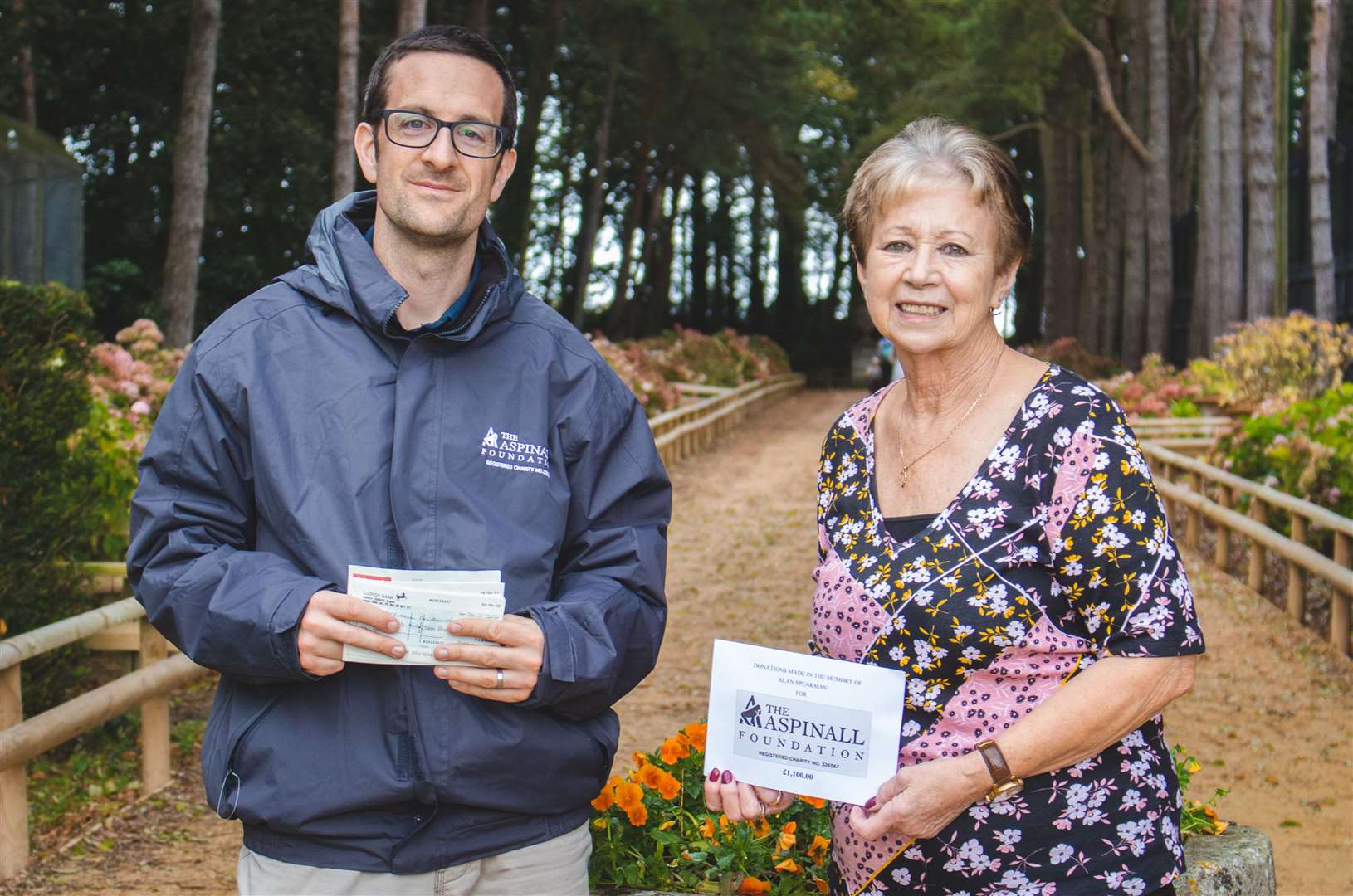 Sam Campbell receiving the donation from Patricia Speakman. Picture: Aspinall Foundation