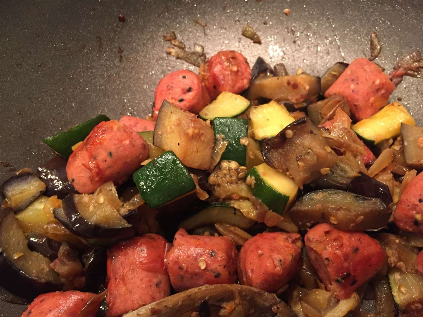 The Heck sausages cooked with courgette and aubergine