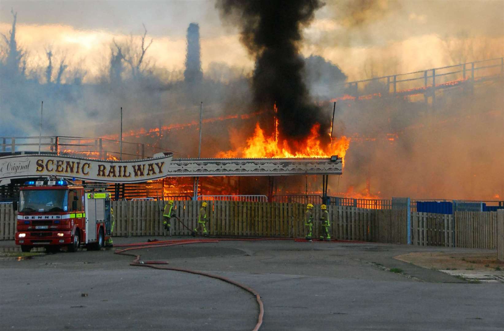 Dreamland's Scenic Railway was well alight as fire engines arrived to put out the blaze. Picture: Nick Evans