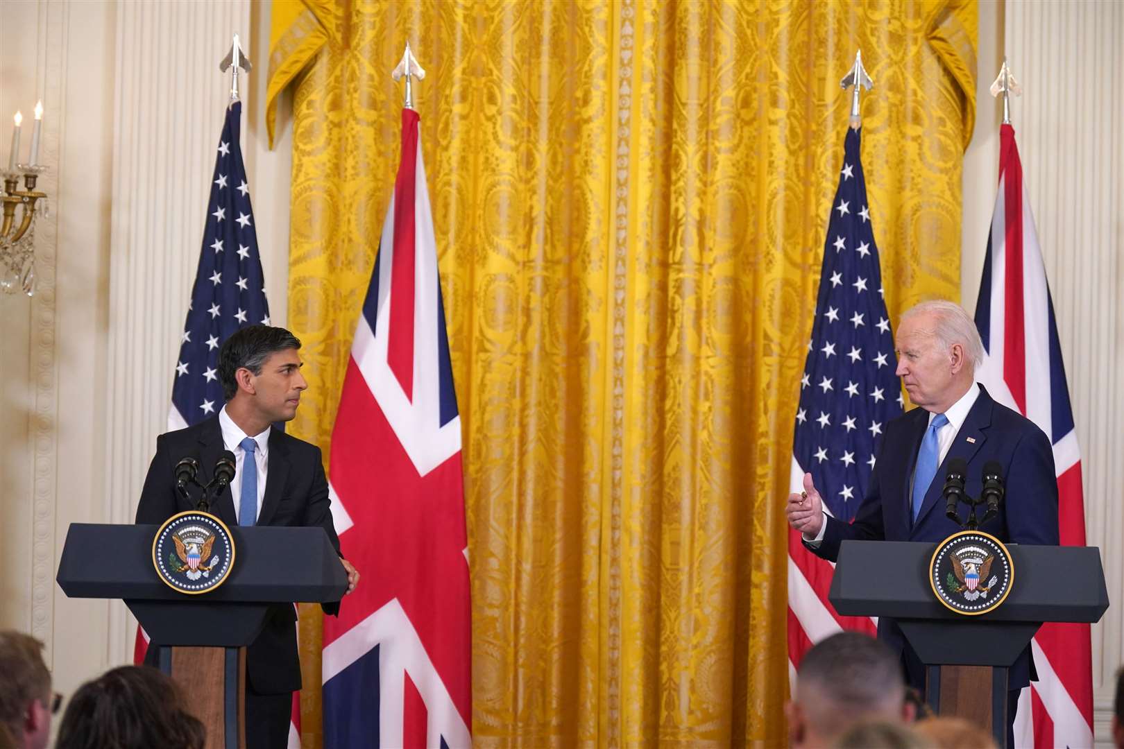 Prime Minister Rishi Sunak and US President Joe Biden take part in a joint press conference in the East Room at the White House (Niall Carson/PA)