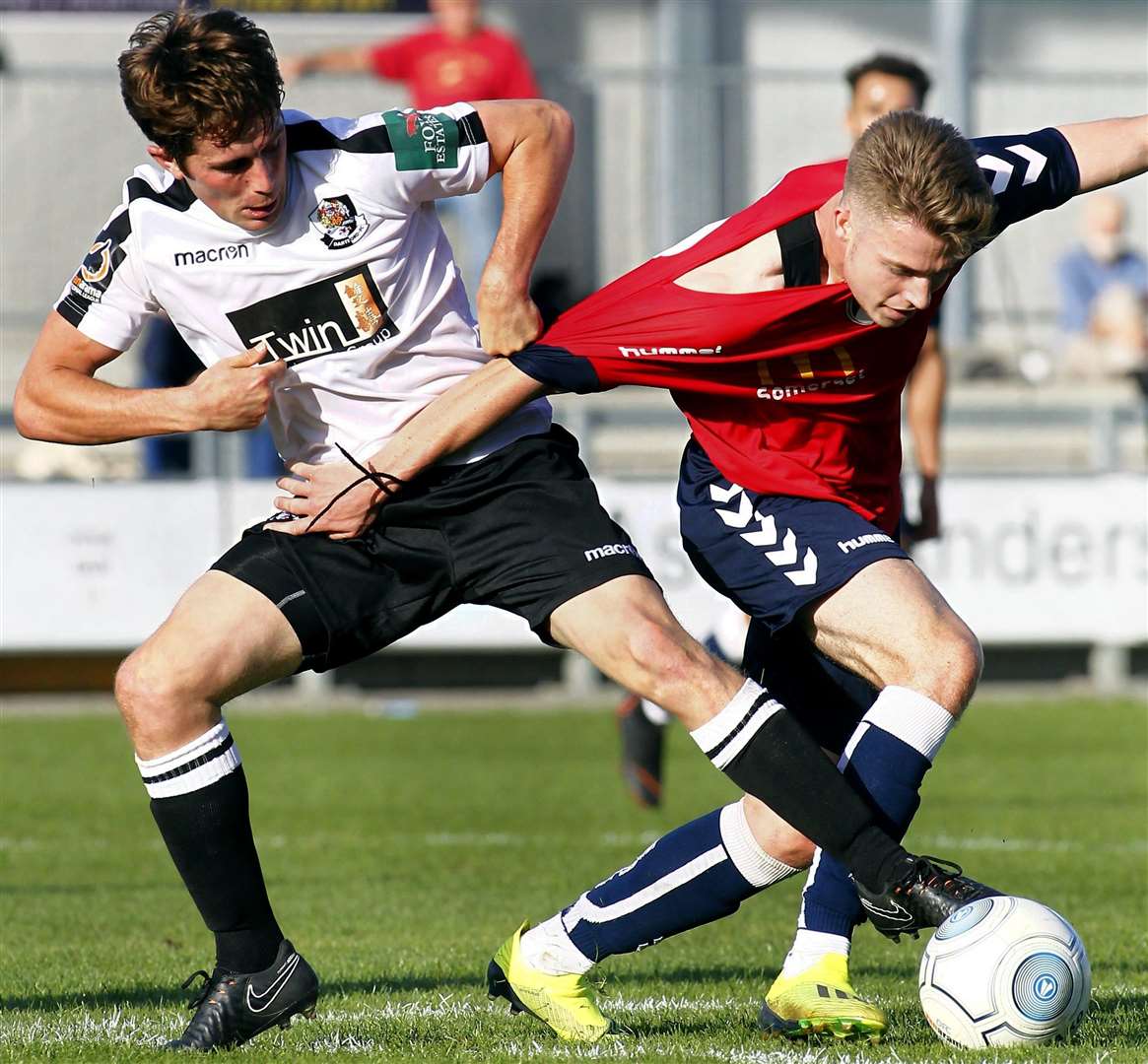 Dartford's Lee Noble battles against Weston on Saturday. Picture: Sean Aidan