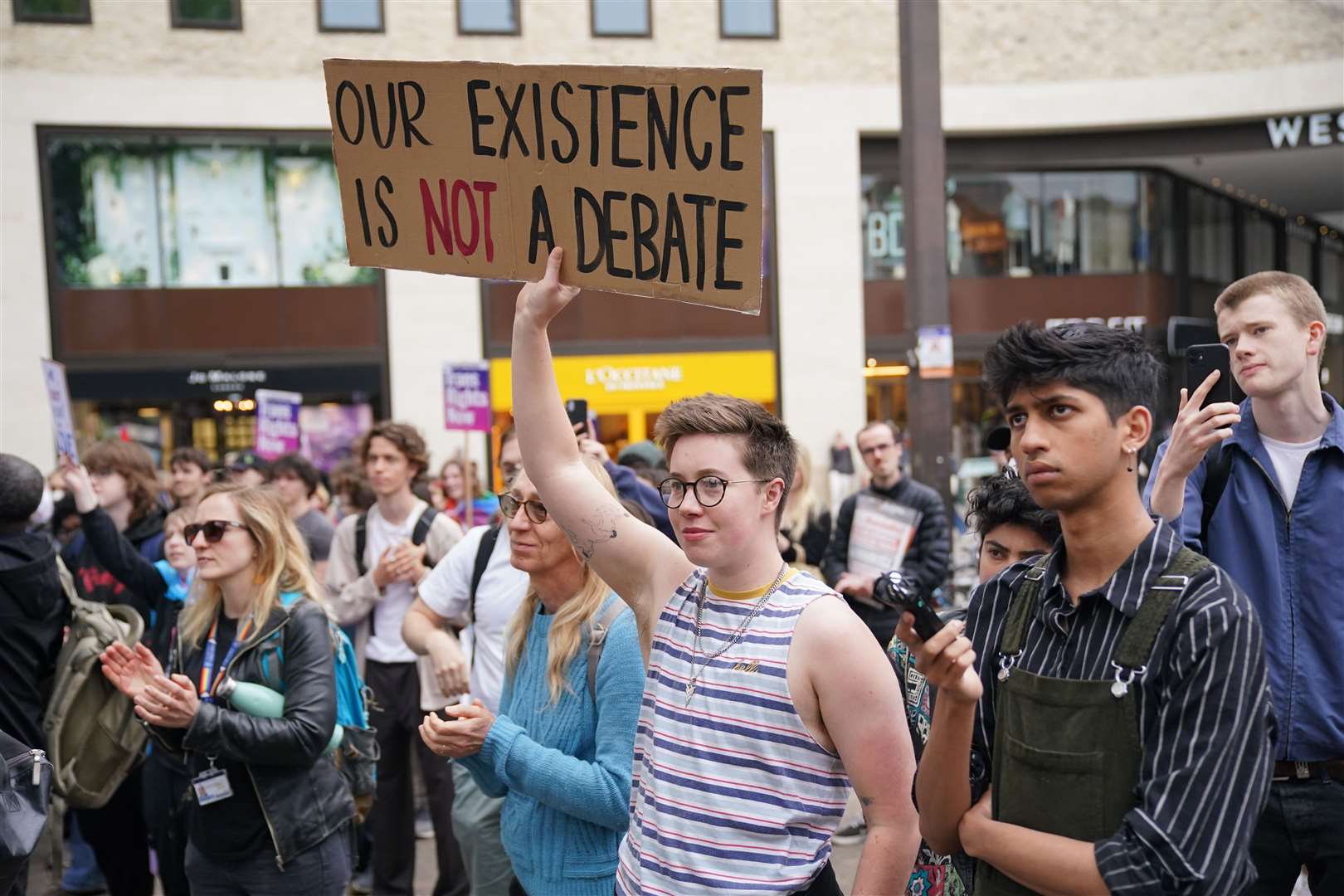 People protest over Professor Kathleen Stock’s speech to the Oxford Union (Jonathan Brady/PA)