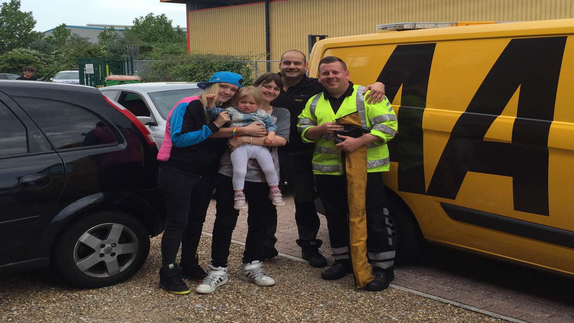 Lucy Colrein, Corrine Rice, Piper Rice-Colrein with Paul Salmon from the AA and Aggi Avgusti, from the Car Doctor garage on Medway City Estate