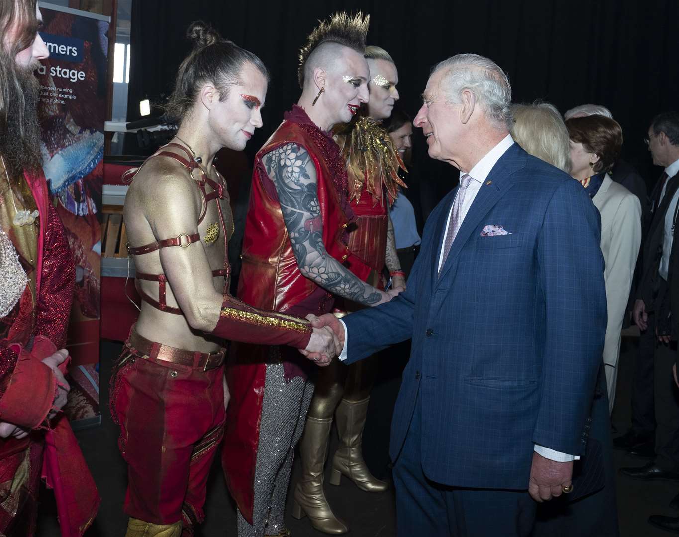 The King and Queen Consort (hidden) speak with the German Eurovision song contest entry Lord of the Lost (Arthur Edwards/The Sun/PA)