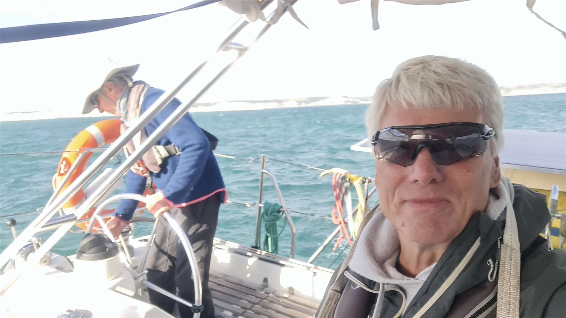 Our reporter Gerry Warren onboard the catamaran