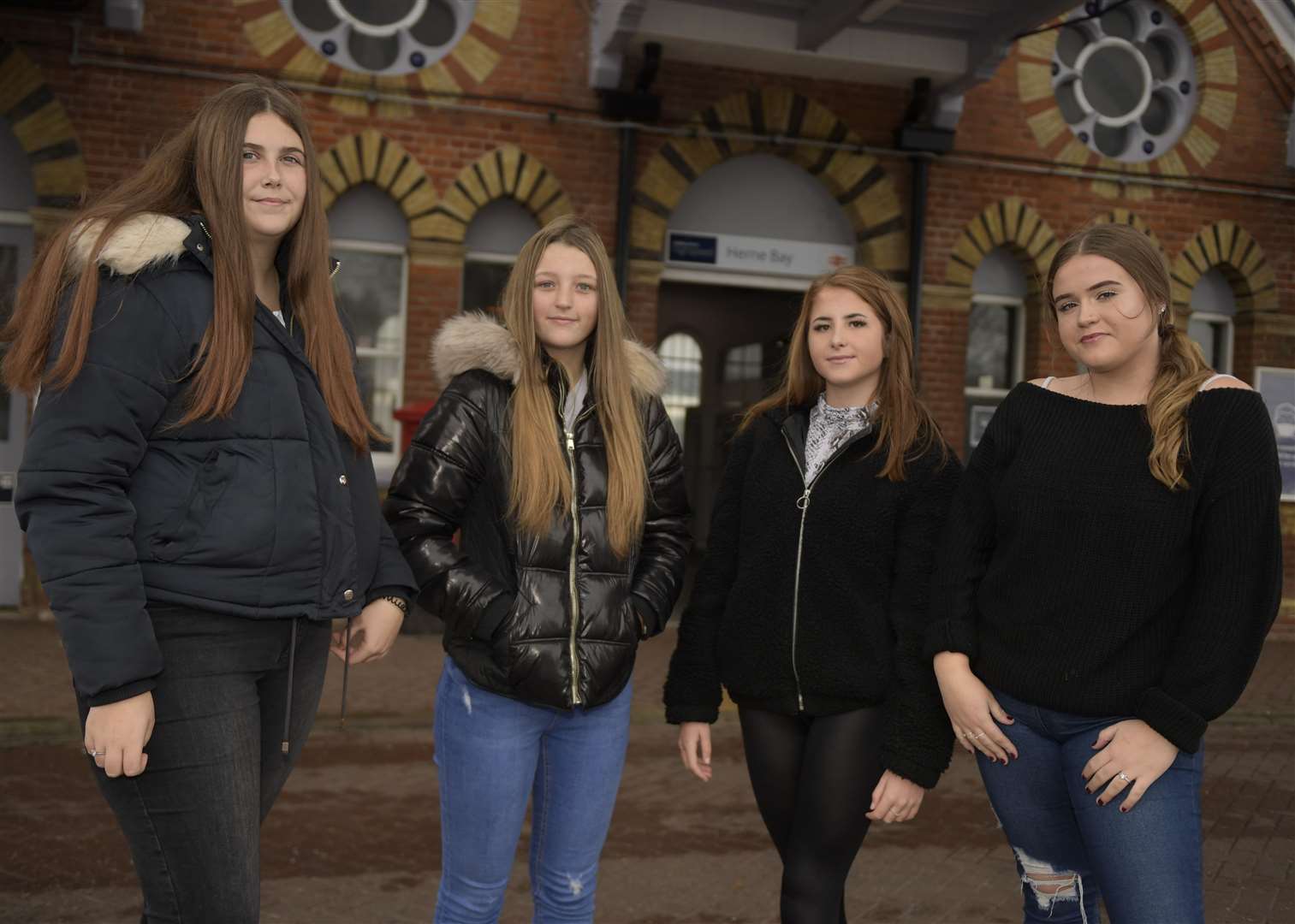 From left: Tia Hancock, 16; Chloe Skinsley, 16; Eleanor Wood, 15; and Madison Kendall, 15, pictured at Herne Bay train station. Picture: Barry Goodwin