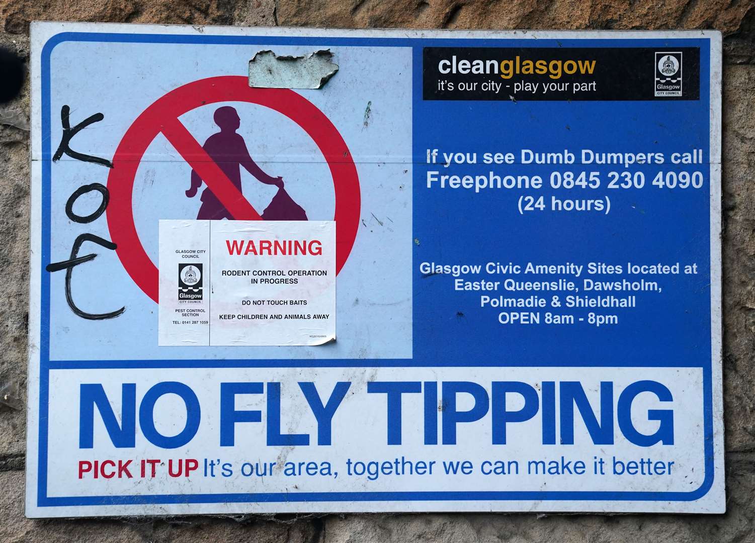 A no fly tipping sign on a wall as Scottish Labour leader Anas Sarwar meets GMB cleansing workers in Glasgow to learn about their dispute with the Scottish Government ahead of Cop26 (Andrew Milligan/PA)