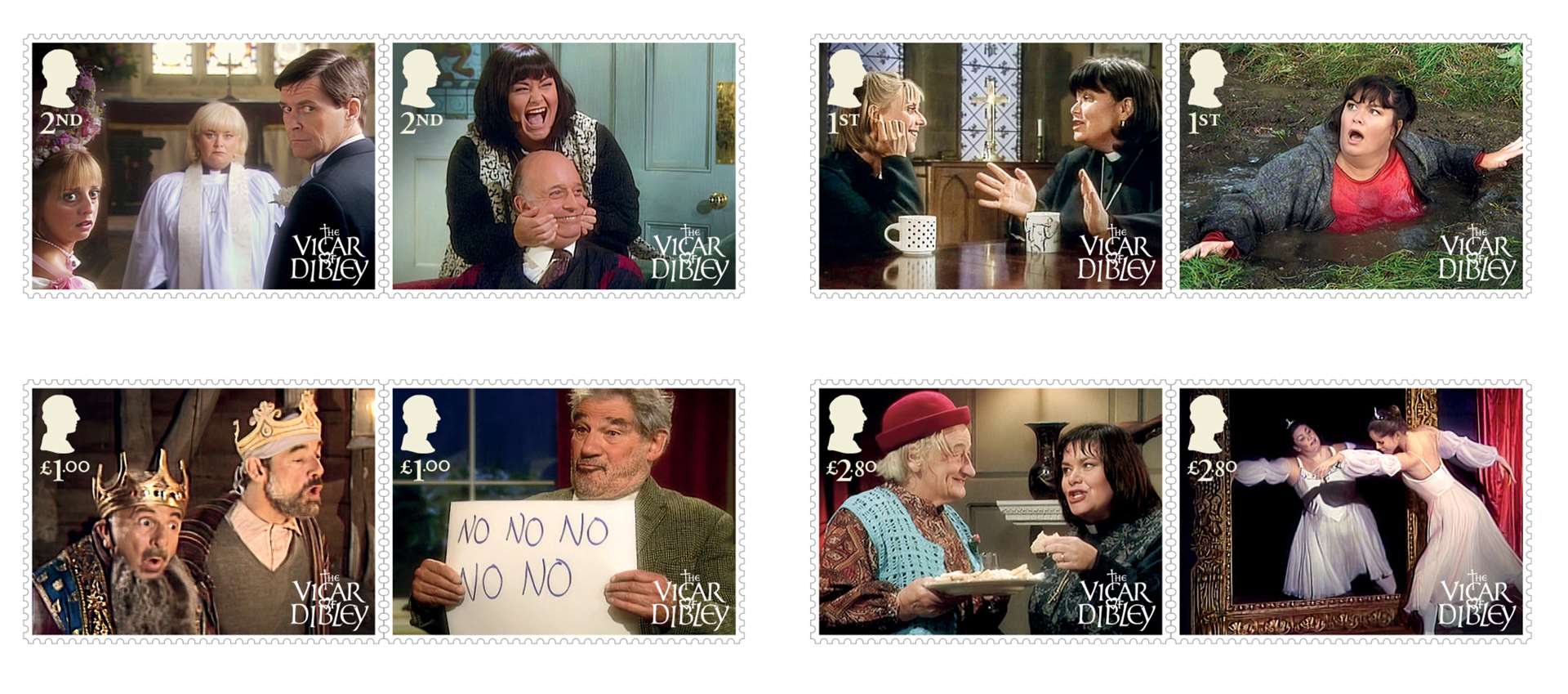 The main set of eight stamps includes images of famous scenes from the comedy series