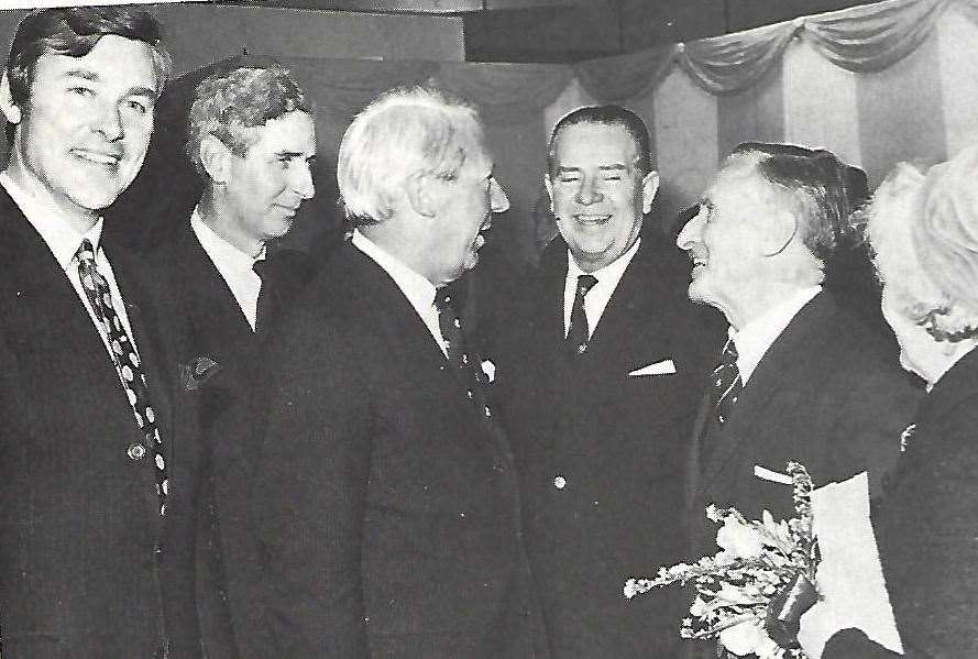 Edward Heath, centre, with Edwin Boorman, left, and H.R. Pratt Boorman, second right, of the KM Group, with other guests