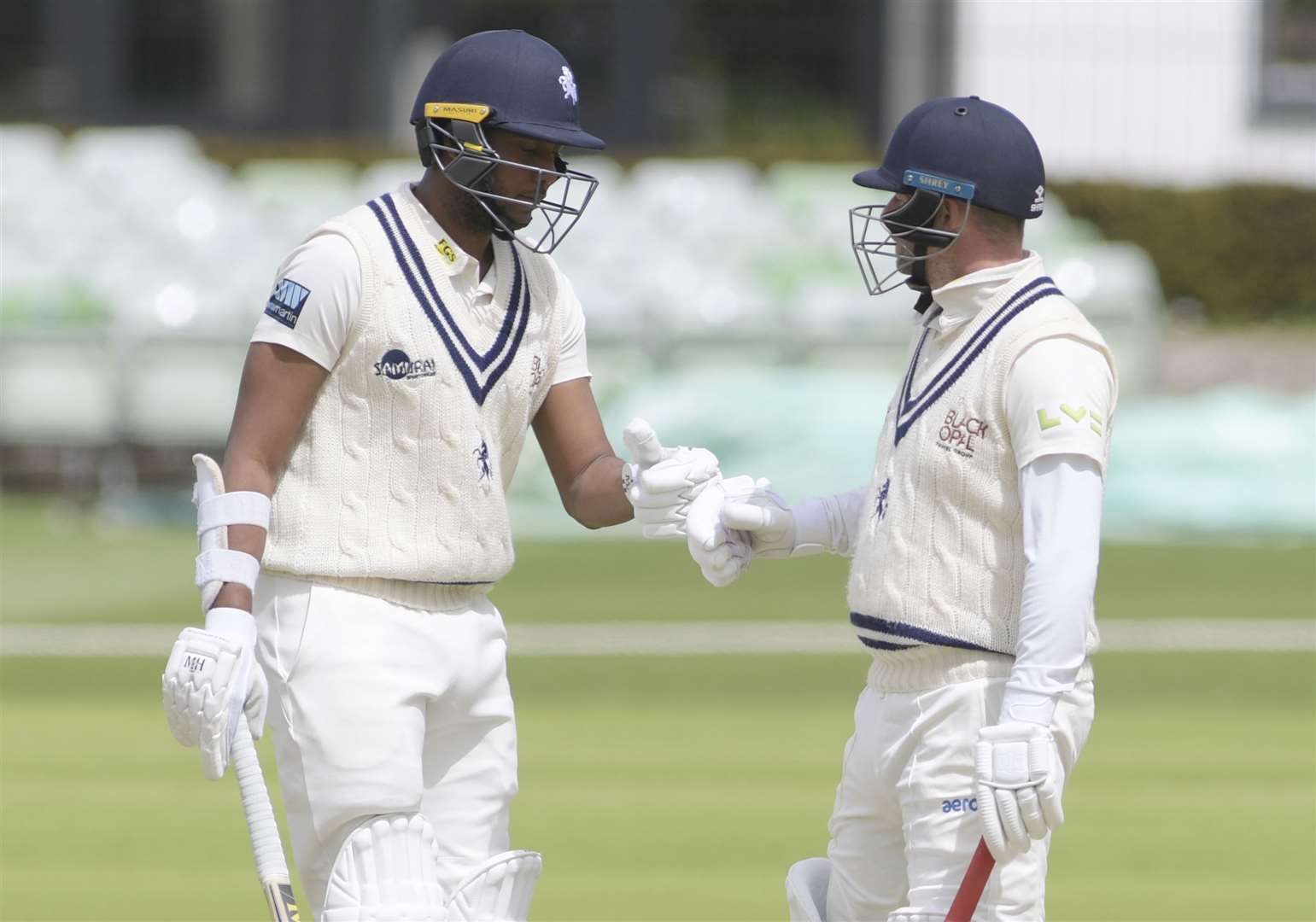 Miguel Cummins, left, and Darren Stevens put on 166 for the ninth wicket. Cummins contributed one, Stevens 160. Picture: Barry Goodwin (47427683)