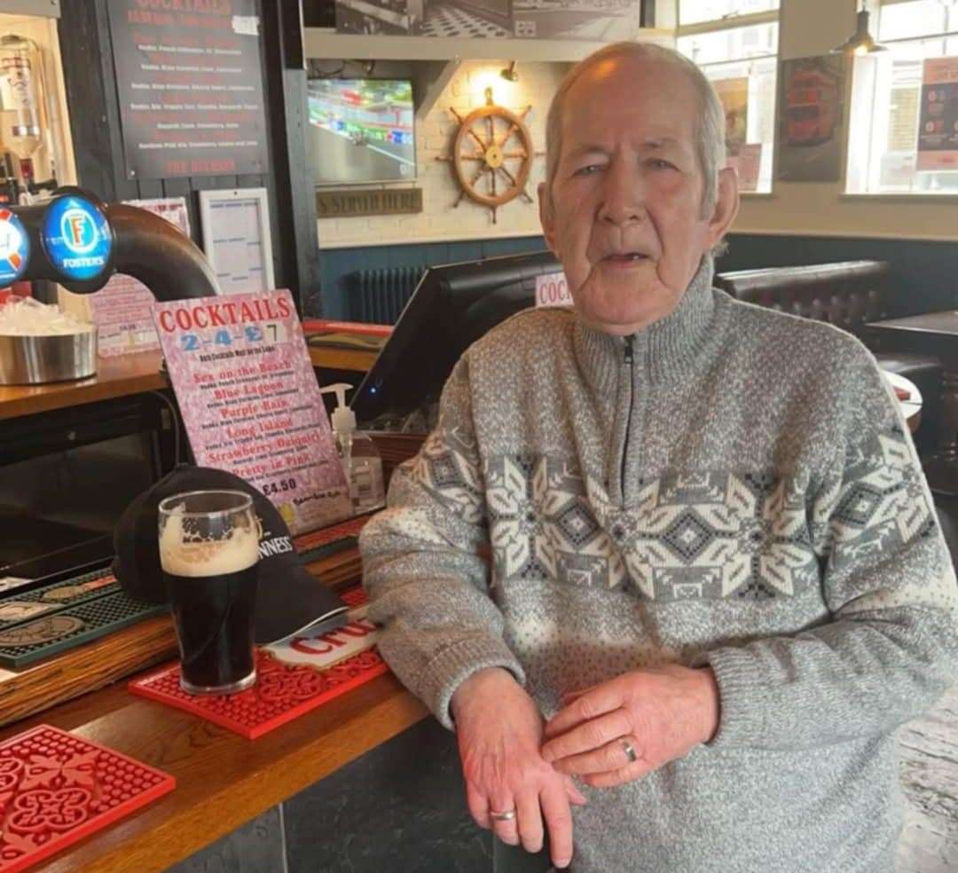 Hughie enjoying a Guinness at his beloved pub The Duchess