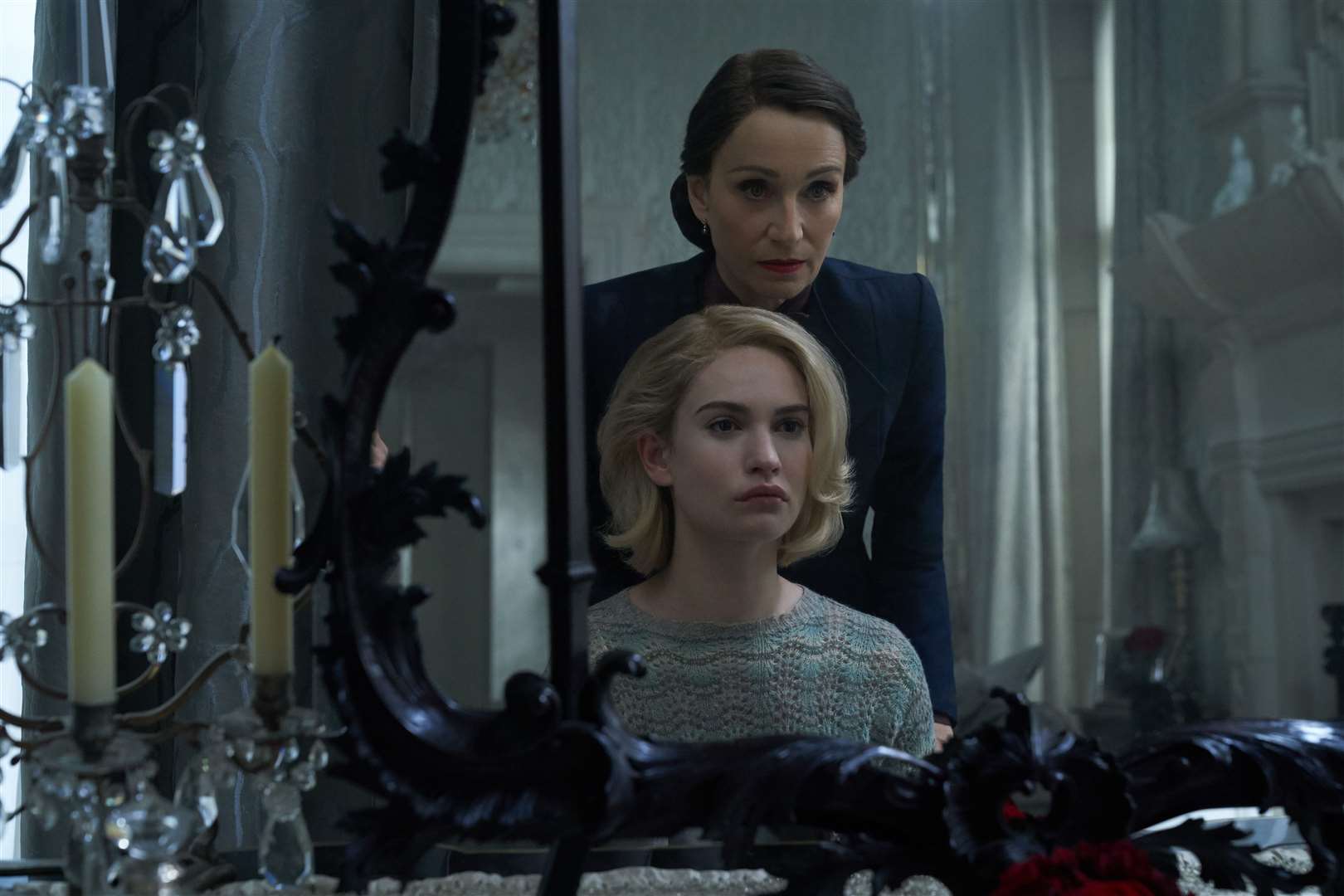 Lily James as Mrs de Winter and Kristin Scott Thomas as Mrs Danvers Picture: Netflix, Inc./Kerry Brown