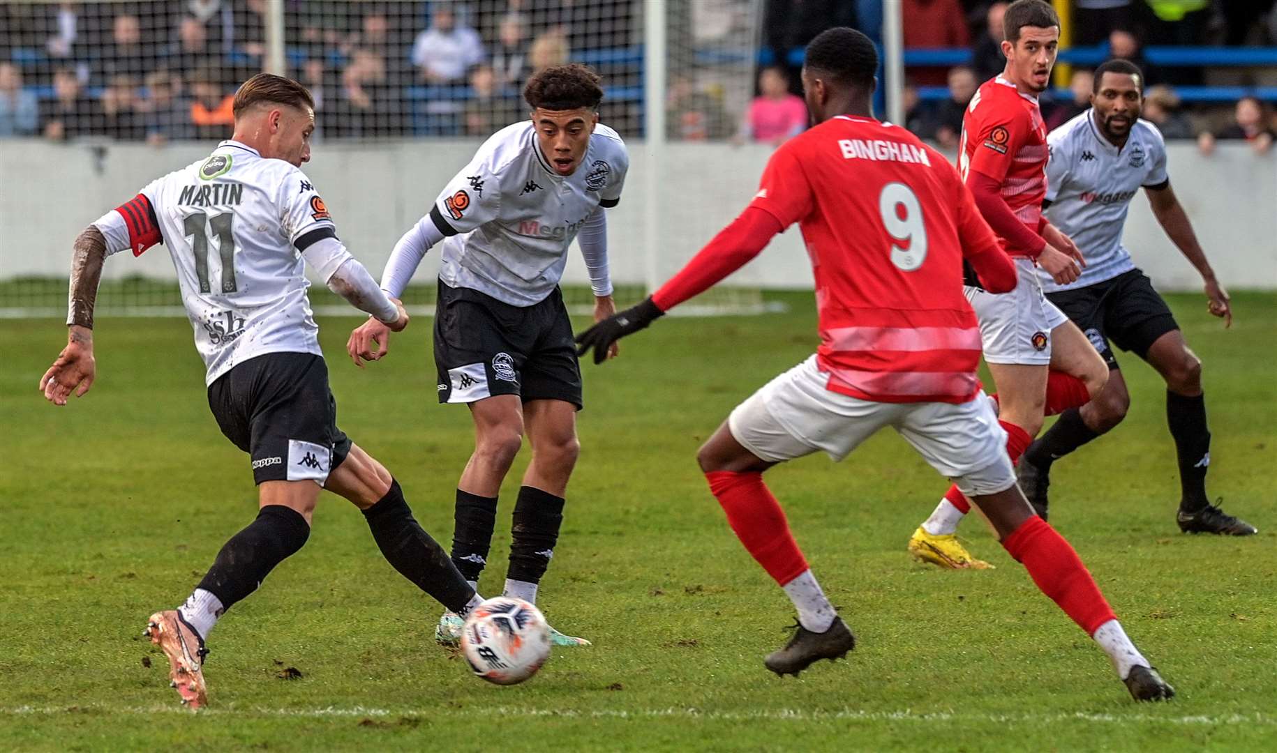 Ebbsfleet's Rakish Bingham closes down Dover captain Lee Martin in Whites' 2-1 loss to the Fleet. Picture: Stuart Brock