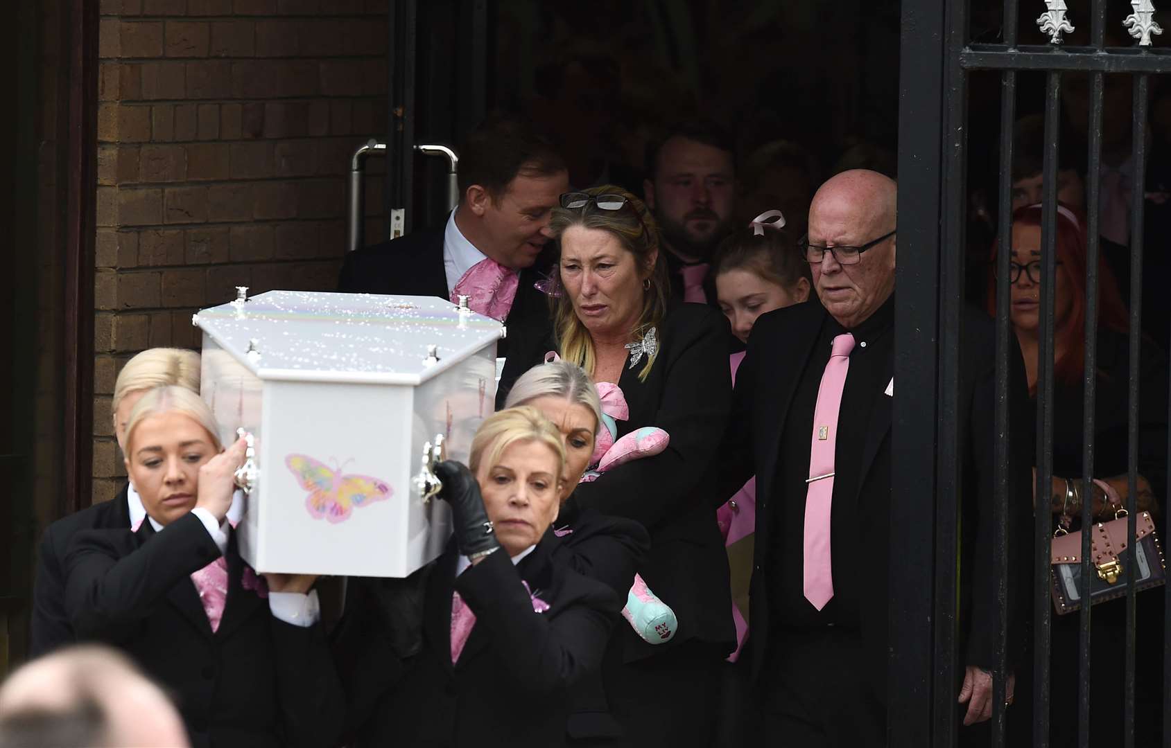 Olivia’s mother Cheryl Korbel walks behind her daughter’s coffin as it is carried out of St Margaret Mary’s Church in Knotty Ash, Liverpool (Peter Powell/PA)