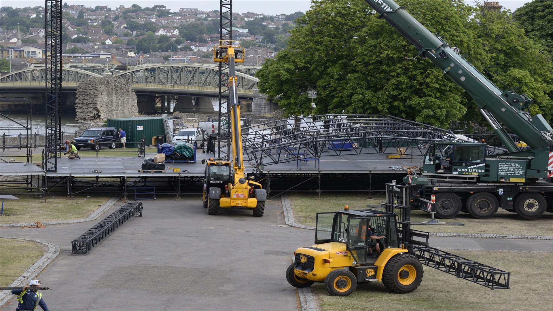 The stage being set up in Rochester Castle Gardens.