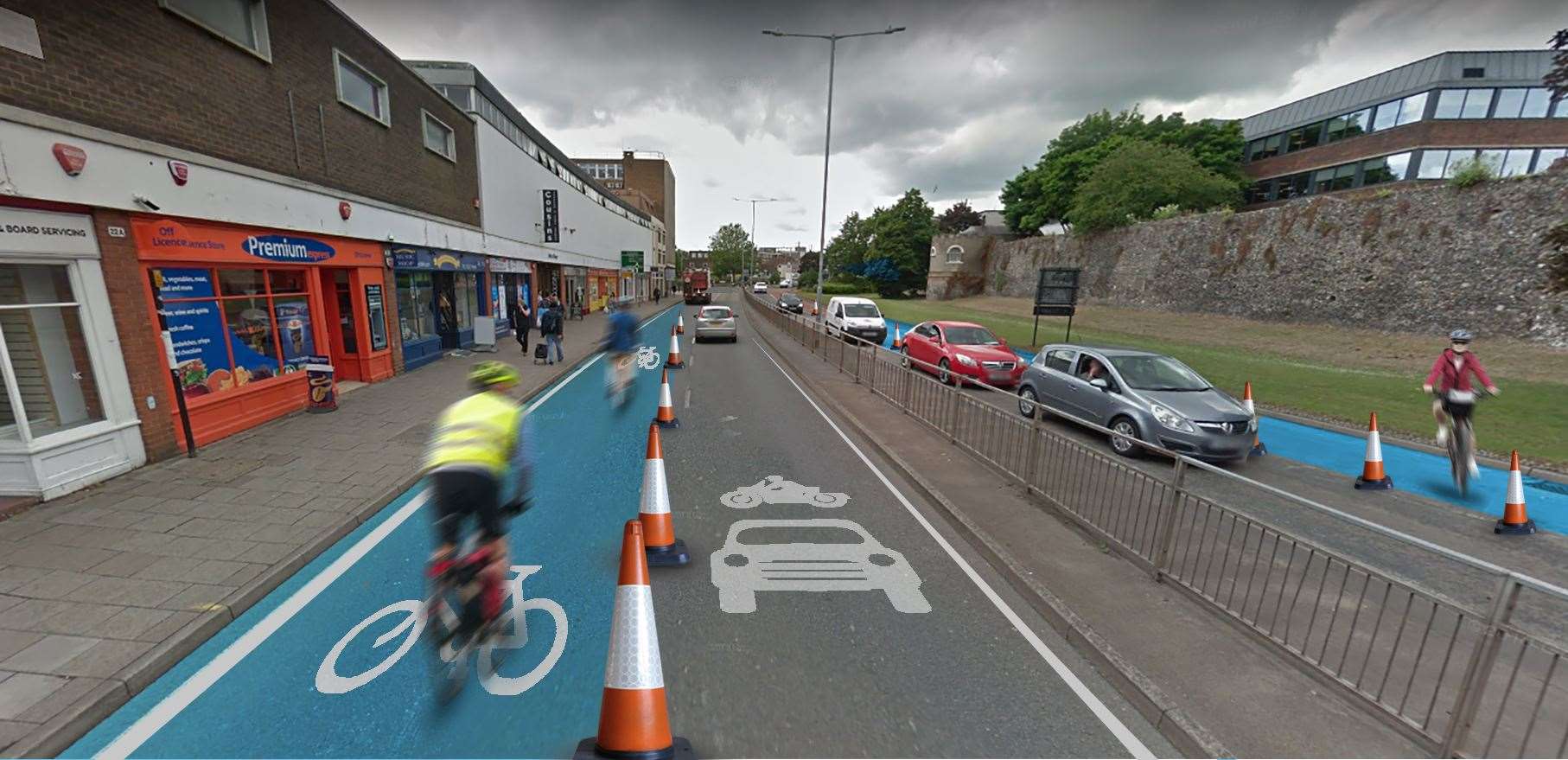 Roads with two lanes could see one taken up by cyclists as this speculative image of the A28 in Canterbury shows. (These changes are just an example and are not endorsed by the council).