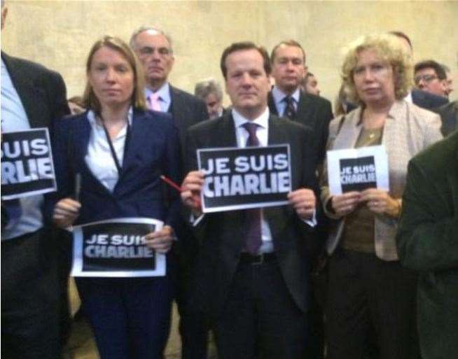 MP Charlie Elphicke shows sign Je Suis Charlie to show his support for the victims of the shootings in France