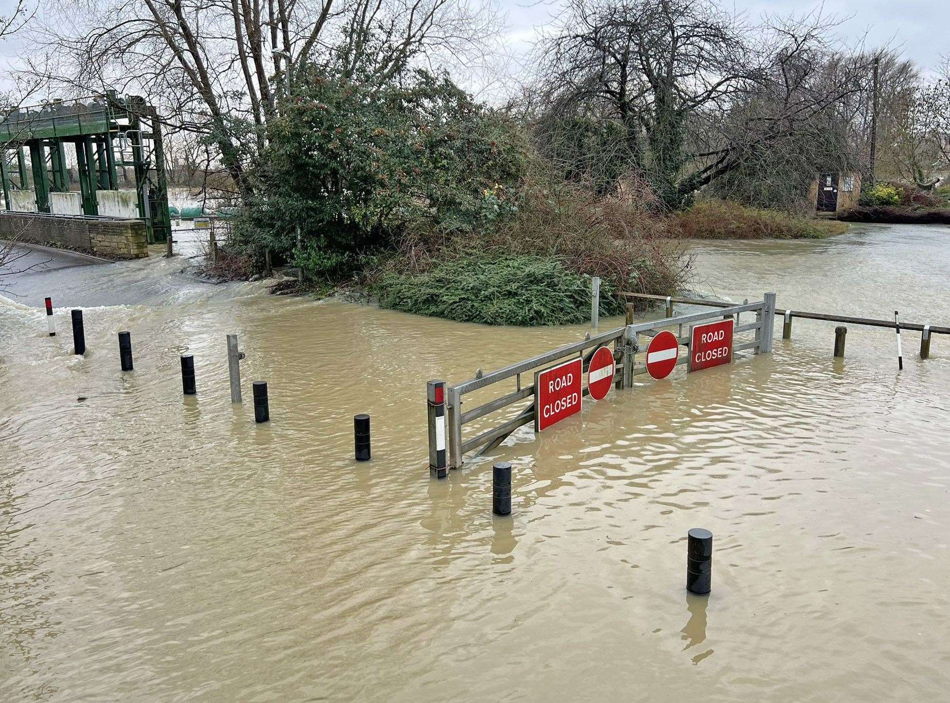 Handout photo taken with permission from the X feed of James Beech of flooding on Mill Lane between St Neots and Little Paxton, Cambridgeshire, following heavy rainfall (James Beech/PA)